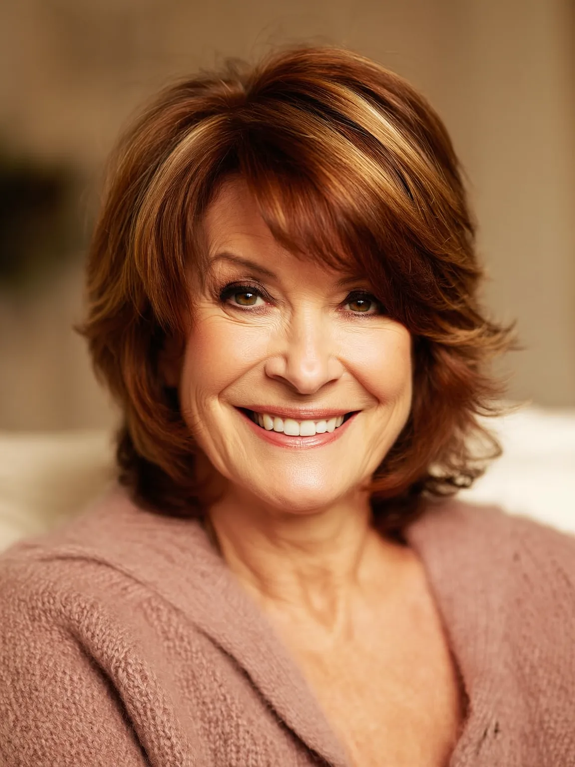 Layered Bob with Auburn and Golden Highlights